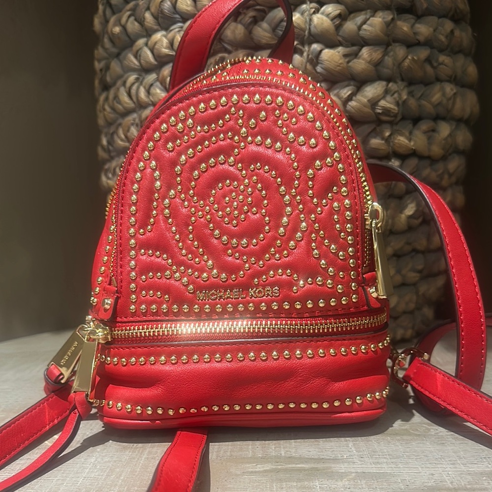 Michael Kors Red Backpack with Gold Studs
